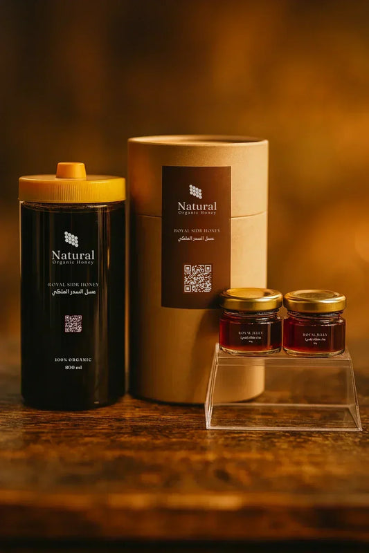 Natural Organic Honey products with 800ml Royal Sidr Honey bottle, packaging, and two small royal jelly jars