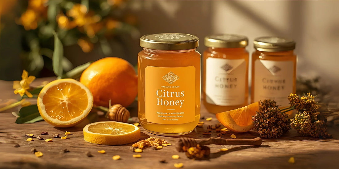 Jars of citrus honey with fresh orange slices and honey dippers on wooden table