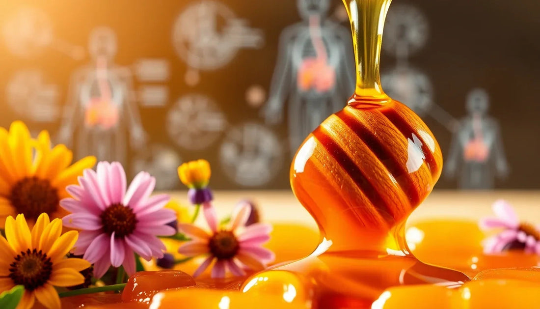 Natural organic honey flowing from a dipper with colorful wildflowers, health-themed background