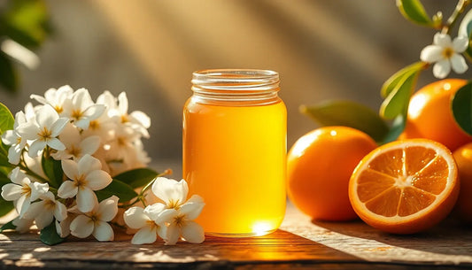 Glass jar of orange juice with fresh oranges and white flowers on wooden table