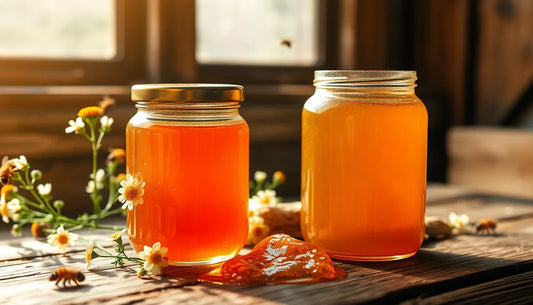 Two jars of golden honey with honeycomb and flowers on wooden table in rustic setting