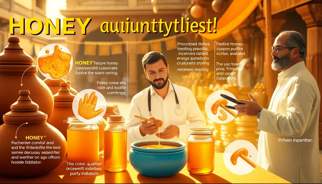Man in lab coat testing honey quality with honey jars and honey pots in warm market setting
