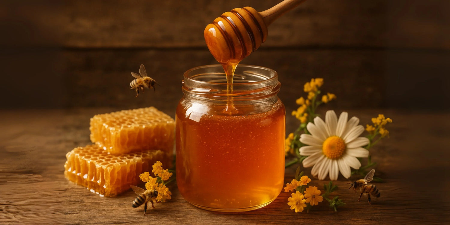 Jar of golden honey with honey dipper, honeycomb pieces, bees, and wildflowers on wooden surface