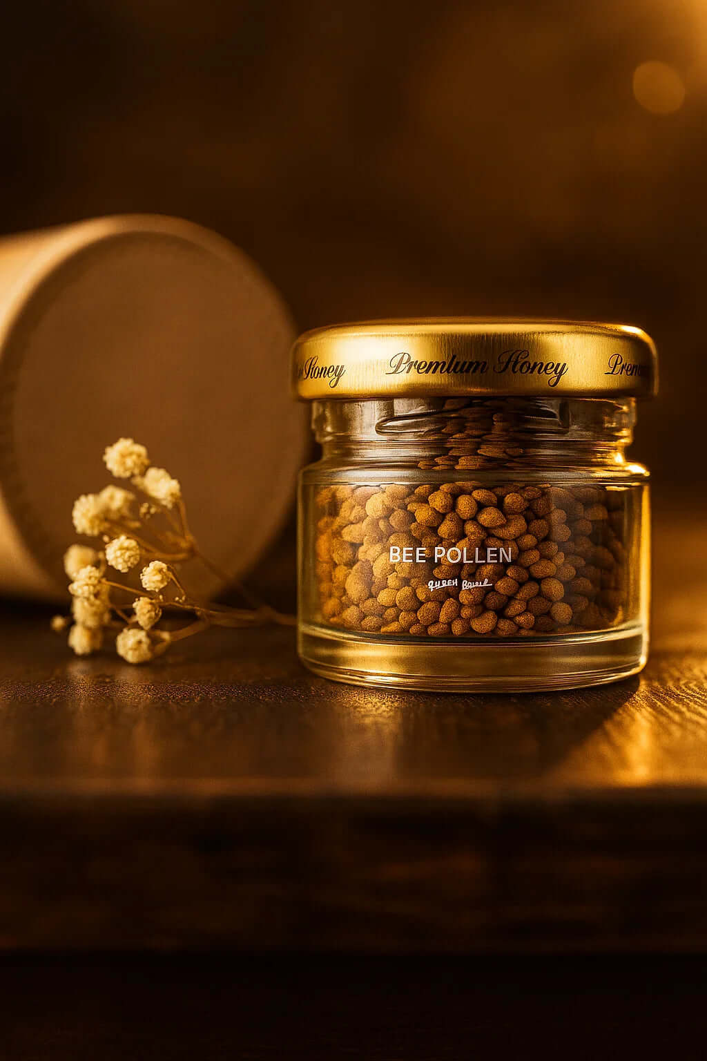 Premium bee pollen jar with gold lid on wooden table beside dried flowers, natural organic honey product