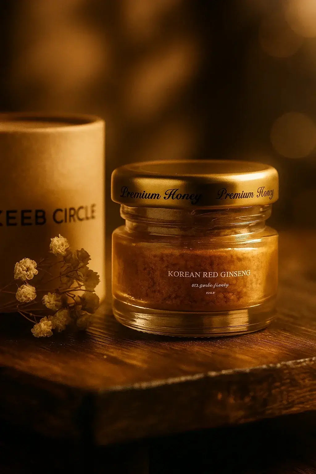 Premium honey jar labeled Korean Red Ginseng on rustic wooden table with dried flowers