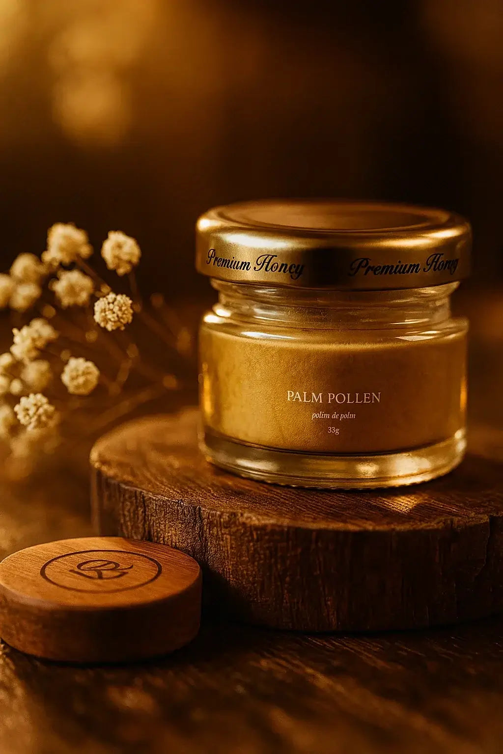 Luxury glass jar of premium organic honey labeled Palm Pollen on rustic wood, warm background