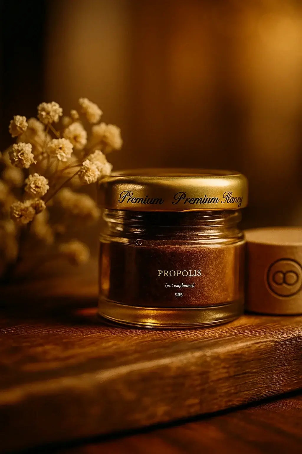 Premium propolis honey jar on wooden surface with dried flowers, natural organic honey product