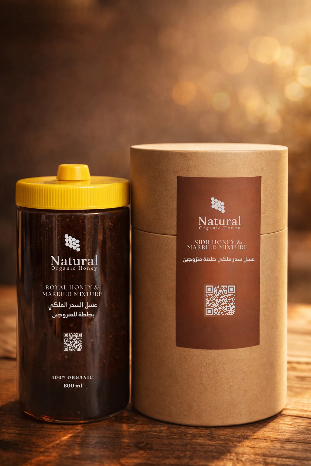 Natural Organic Honey Sidr honey mixture jar and cylindrical package on wooden table