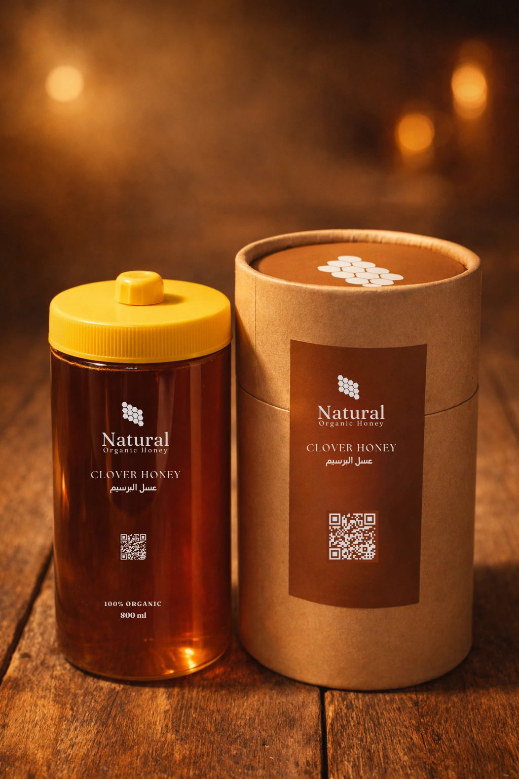 Natural Organic Honey clover honey jar and brown packaging on rustic wooden table