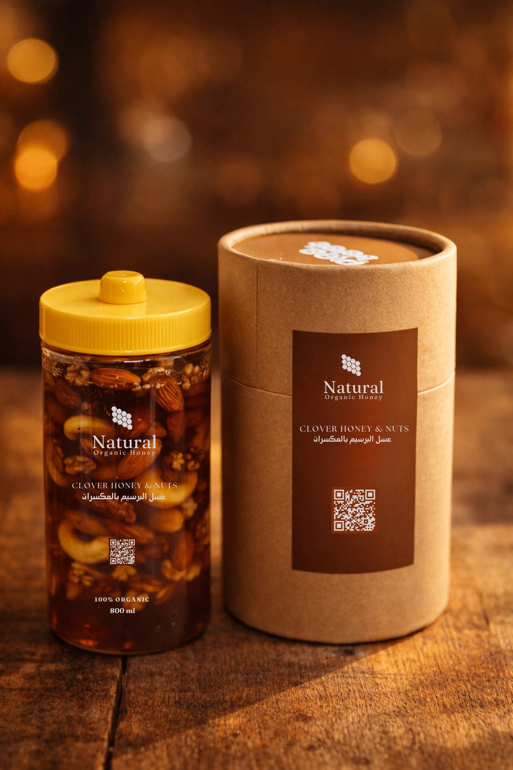 Natural Organic Honey clover honey and nuts in glass jar, with brown cardboard packaging, on wood table