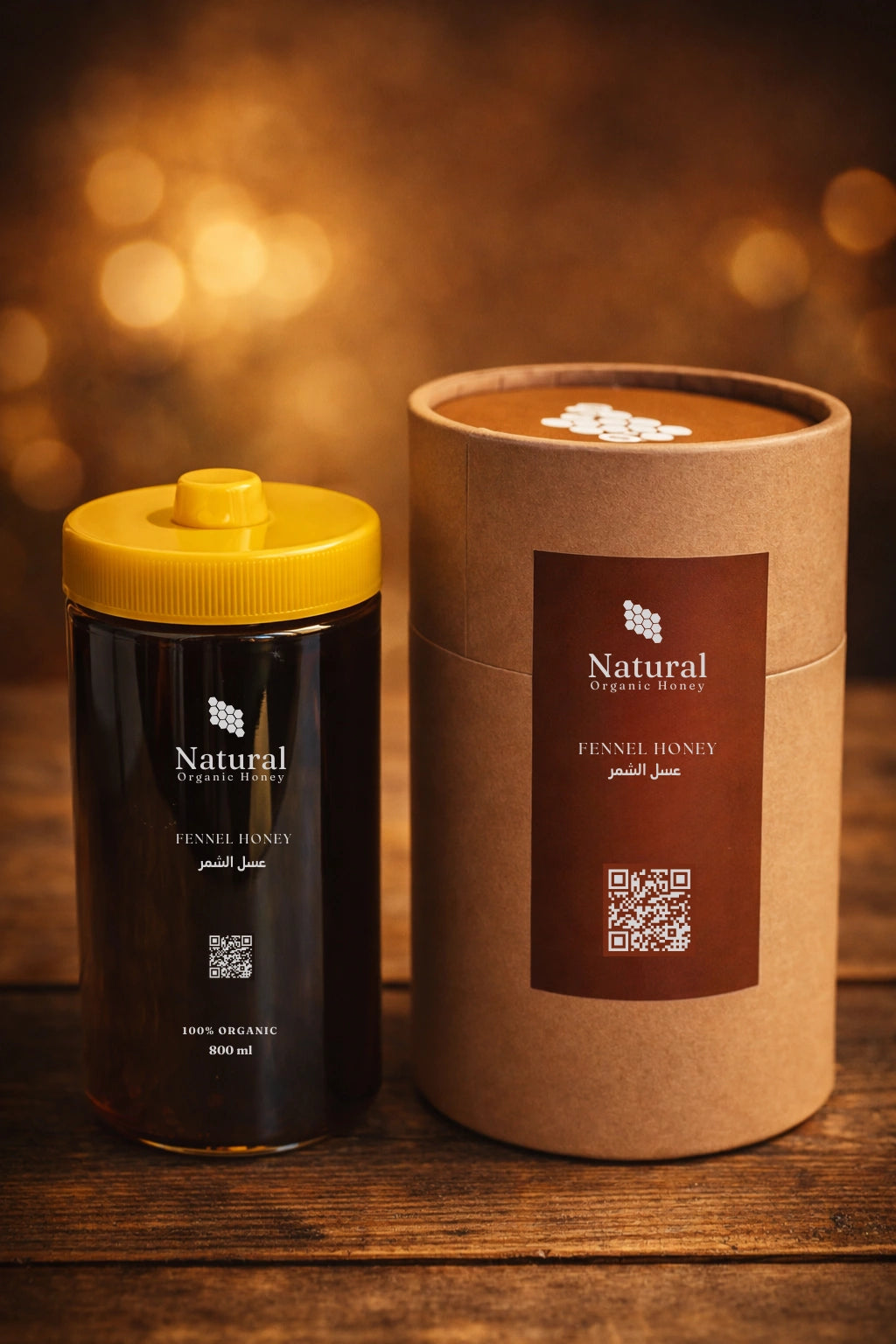 Natural Organic Honey fennel honey jar and brown packaging on wood table