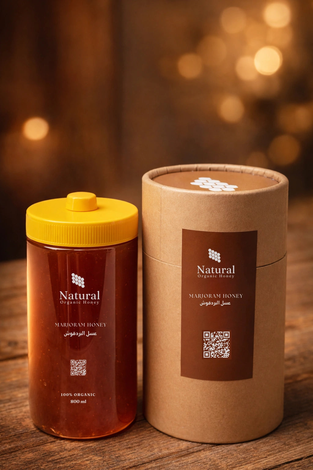 Natural Organic Honey marjoram honey in 800ml bottle with brown packaging on wooden table