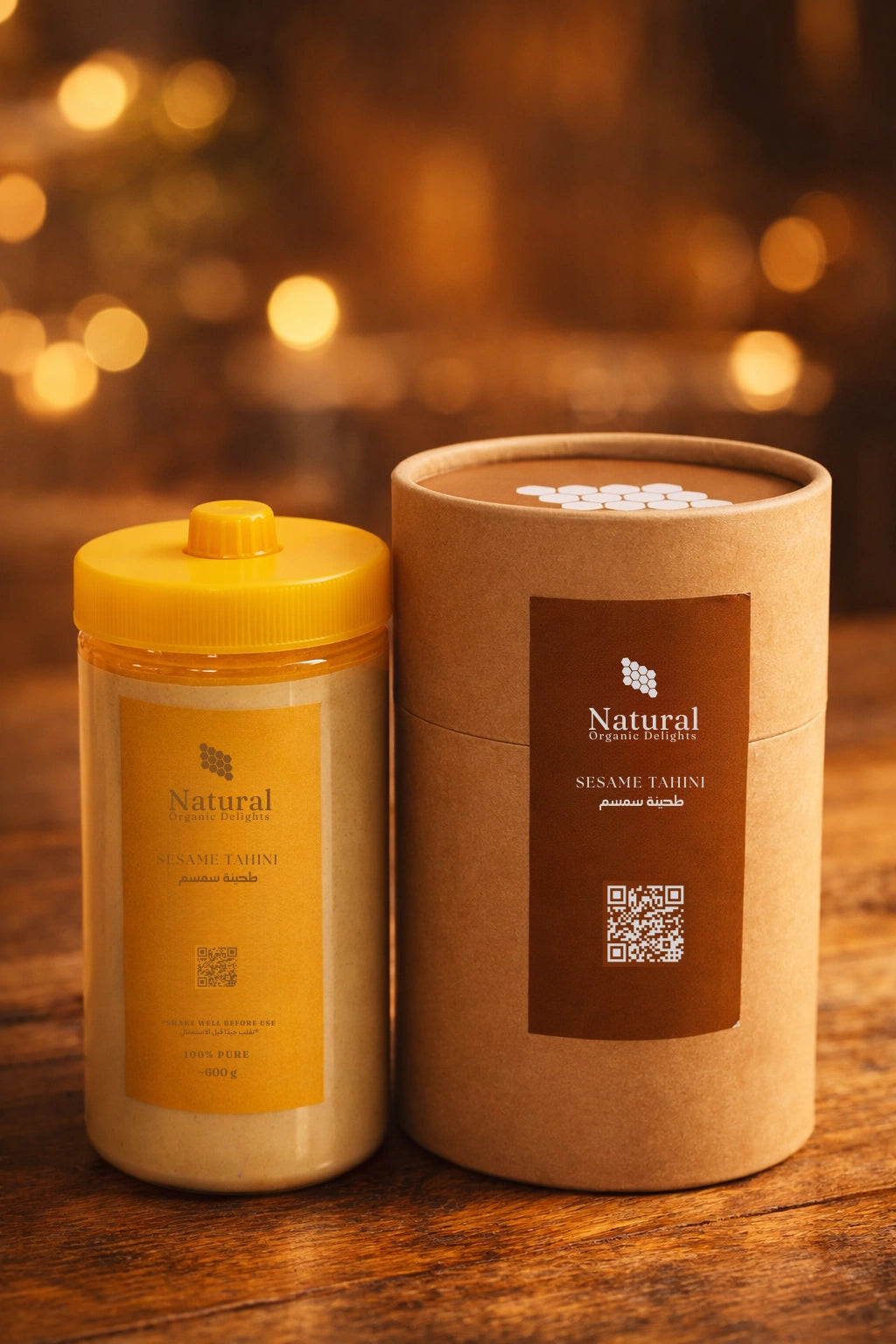 Natural Organic Delights sesame tahini jar and brown packaging on wooden table