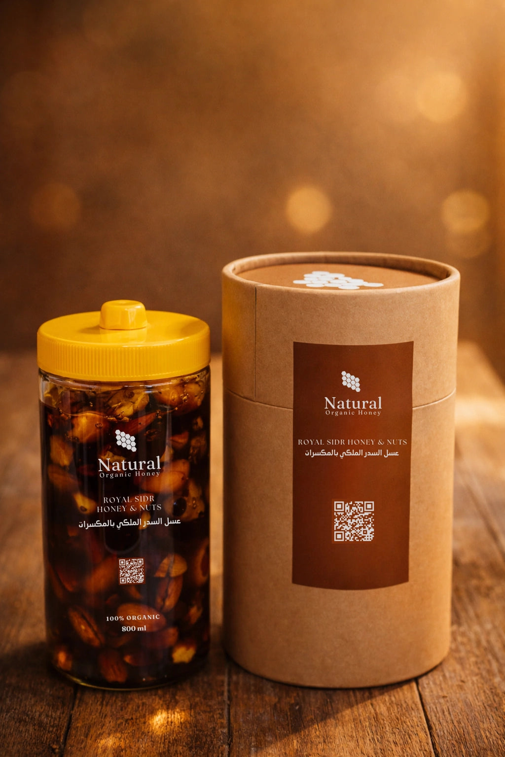 Natural Organic Honey Royal Sidr honey with nuts in a jar and premium packaging on wood